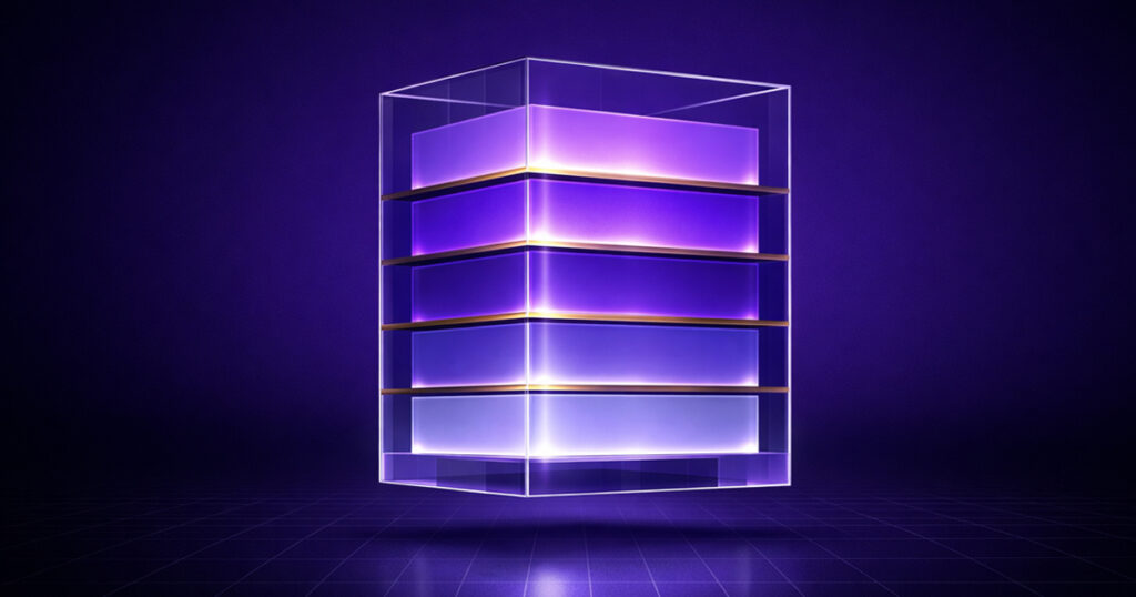 layered transparent structure with stacked horizontal sections, representing a capital stack with multiple investment tiers