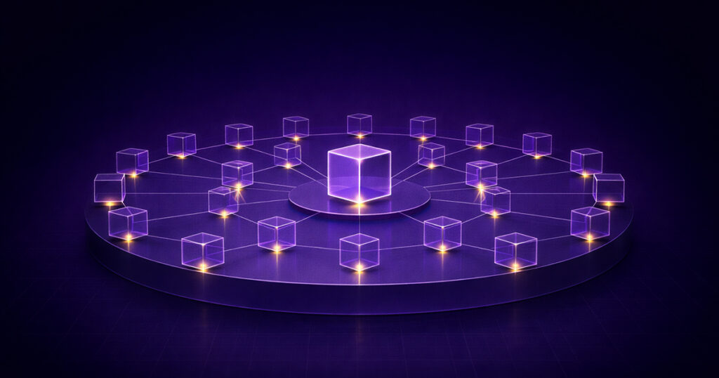 network of connected cubes around a central hub, representing private capital flows and decentralized investment structure