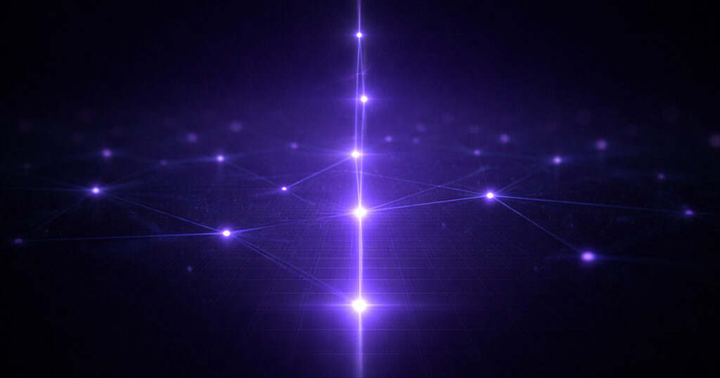 glowing connected nodes across a digital network with a bright vertical center line, representing the structure and connectivity behind institutional capital positioning
