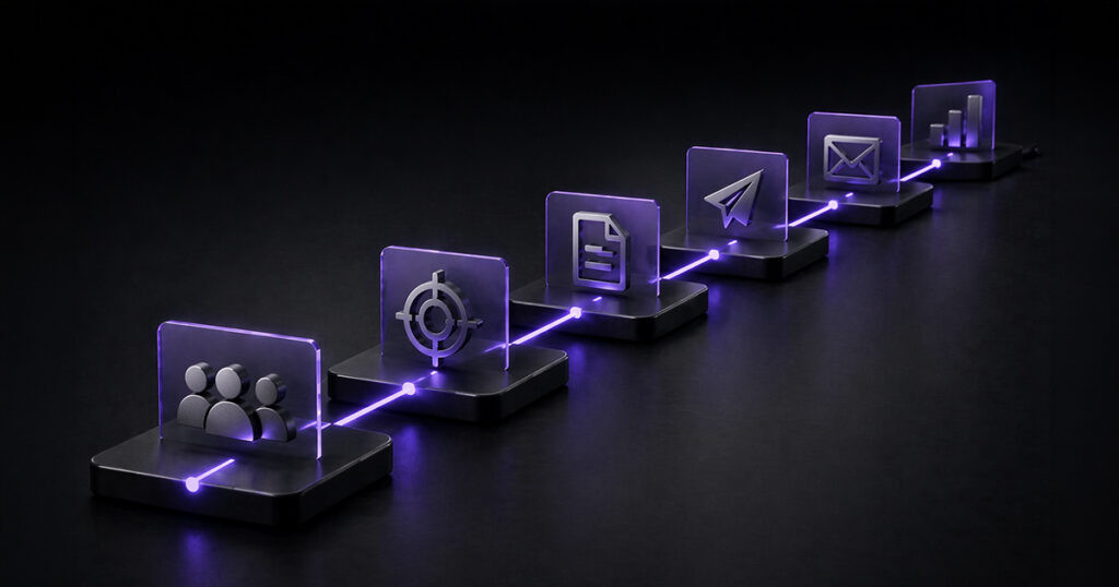 connected platform icons showing audience targeting, campaign materials, outreach messages, email follow-up, and performance tracking, representing an investor outreach campaign